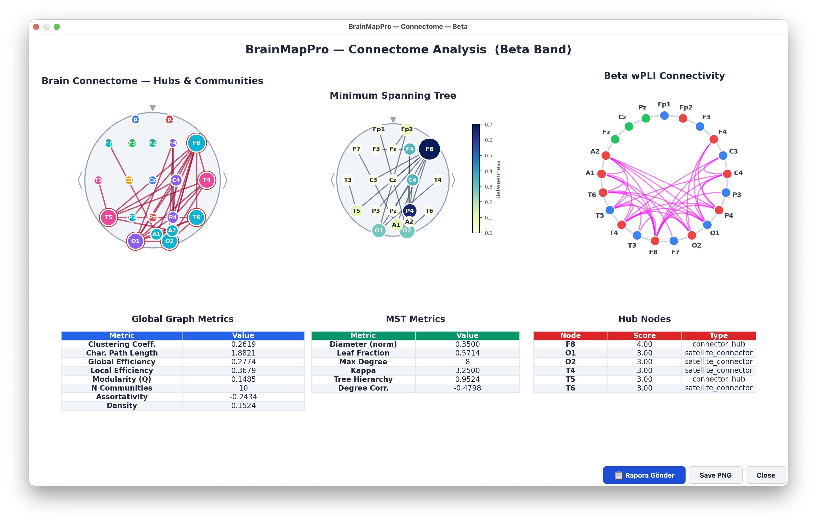 Connectome analysis: hubs, communities, MST for Beta band